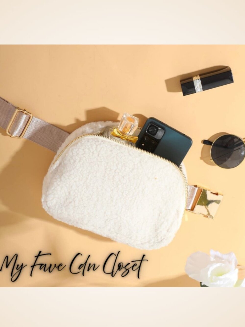 NEW**Cream SHERPA Crossbody Belt Bag**ROSE GOLD buckles